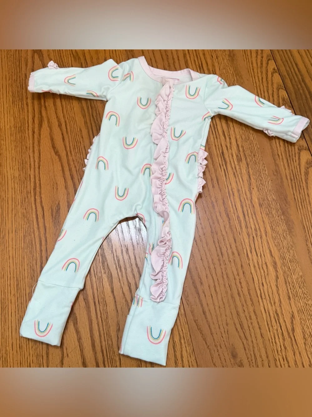 SweetHoney Mint Rainbow Ruffle One-Piece with Pink Trim